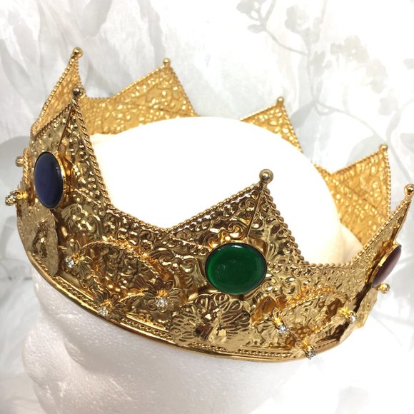 King Queen Gold Crown Rhinestones Faux Jewels on Gold Metal Band NWOT main image 4